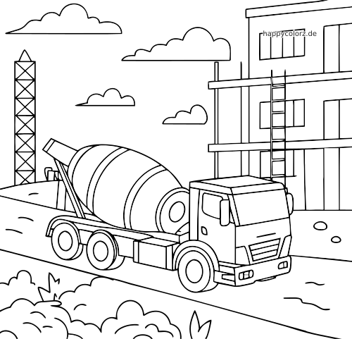 Ein einfacher Fahrmischer steht neben einem mehrstöckigen Gebäude im Bau, mit Leiter, Wolken und Baugerüst im Hintergrund.