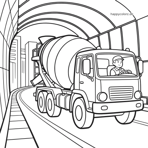 Ein Fahrmischer mit lächelndem Fahrer fährt durch einen gebogenen Stadttunnel in einer klaren schwarz-weißen Linienzeichnung.