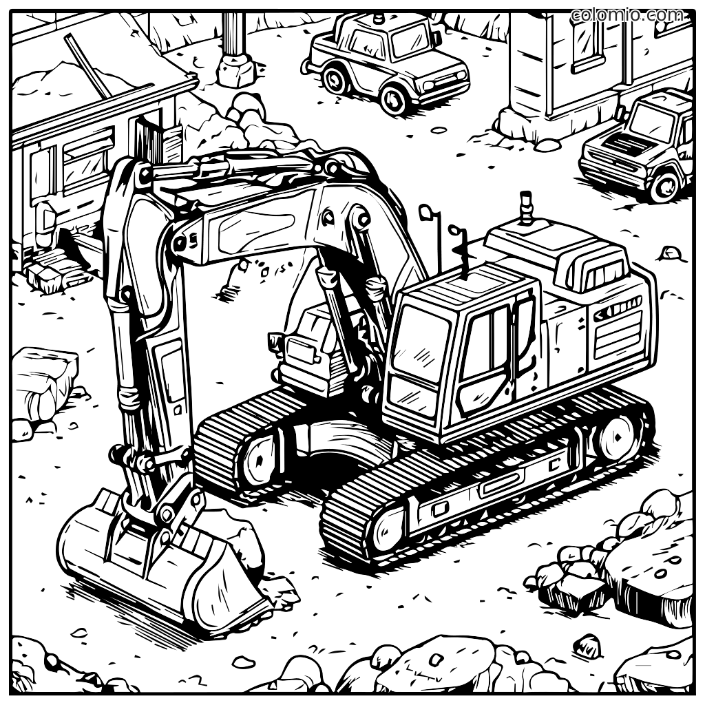 Bagger Malvorlage für Kinder zum Ausdrucken und Ausmalen Eine detaillierte Schwarz-Weiß-Illustration eines Baggers auf einer Baustelle, umgeben von Steinen und Autos.