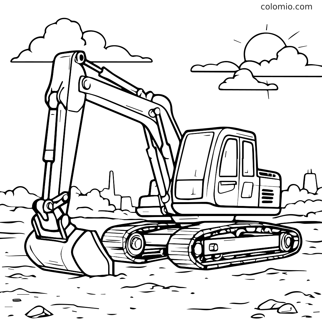 Eine detaillierte Umrisszeichnung eines Baggers auf einer Baustelle mit Wolken und Sonne.