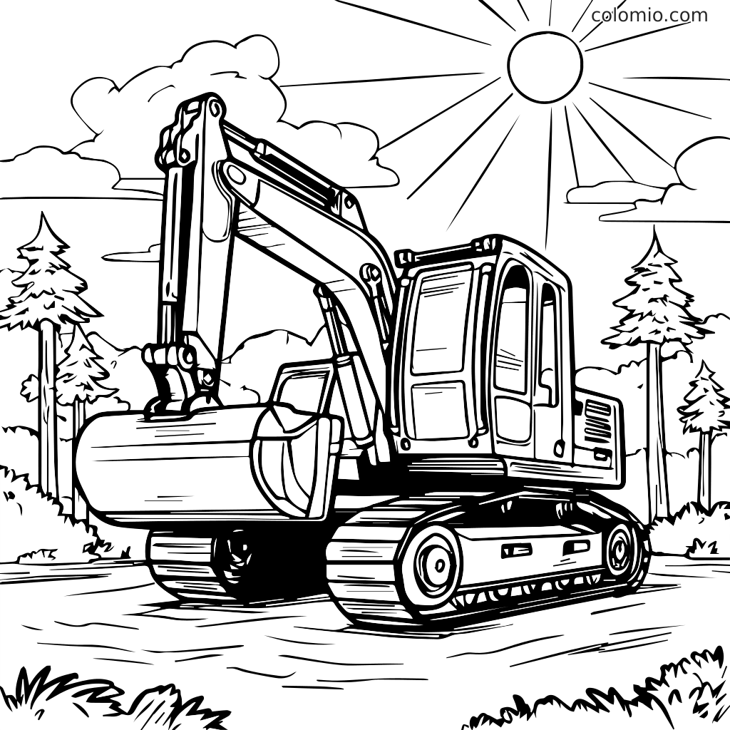 Eine detaillierte Malvorlage mit einem Bagger in einer malerischen Landschaft mit Bäumen und Sonne.