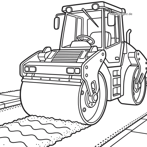 Ein detaillierter Walzenzug mit Fahrerkabine und großen Walzen verdichtet frischen Asphalt auf einer neu asphaltierten Straße.
