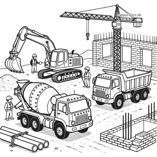 Detailreiche Baustellenszene mit Kran, Bagger, Kipplaster, Betonmischer, Bauarbeitern und gemauerten Wänden.