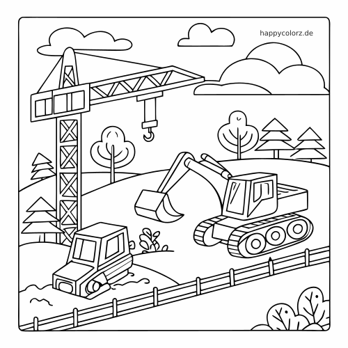 Einfache Baustellenszene mit einem Turmkran, einem Bagger, einer Planierraupe, Zaun, Bäumen und Wolken.