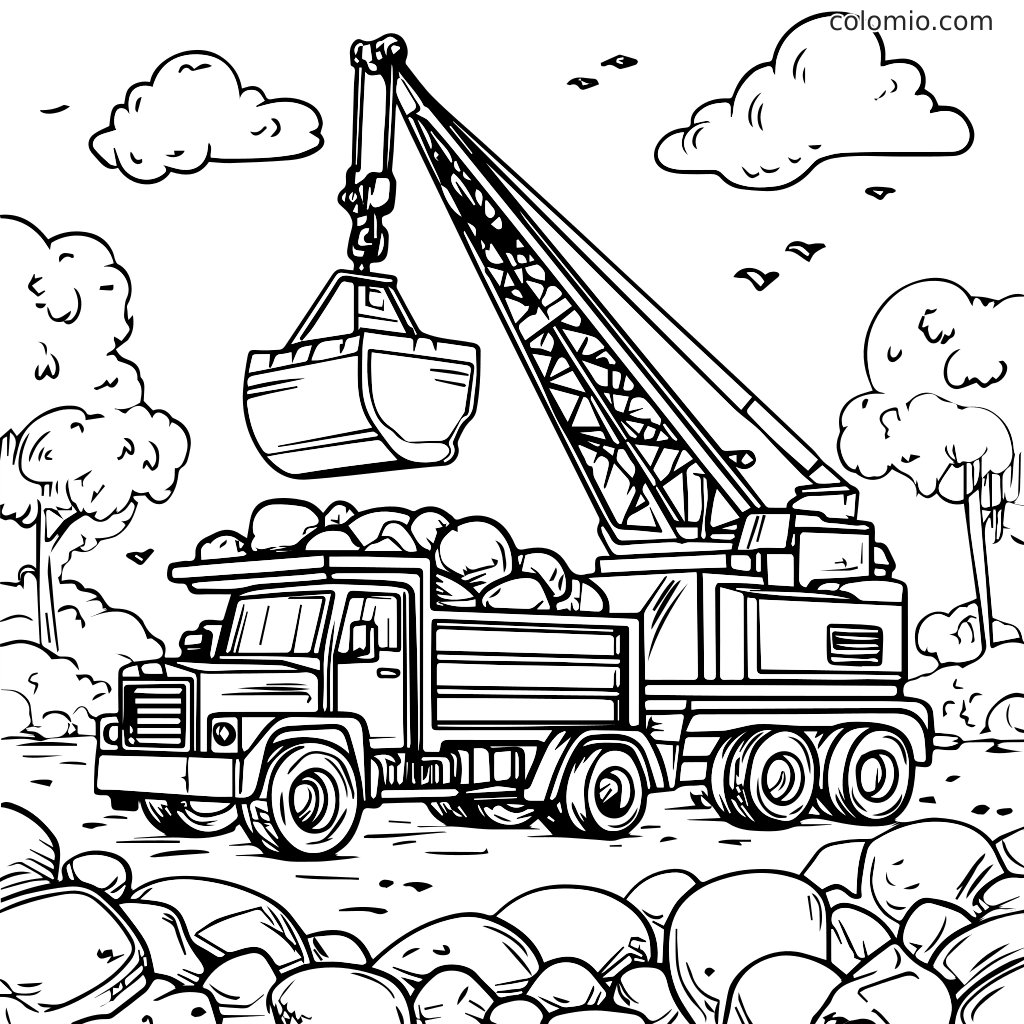 Eine Malvorlage mit einer Baustelle, auf der ein Kran einen Eimer über einen mit Steinen gefüllten Lkw hebt.