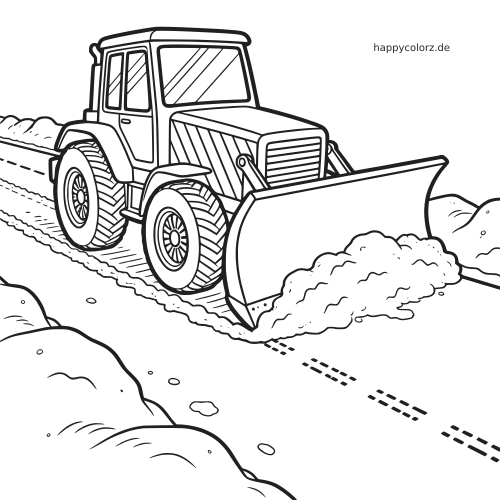 Ein Schneepflug-Traktor räumt in Nahaufnahme eine verschneite Straße frei, mit großen Reifen, breitem Schild und Schneehaufen am Rand.