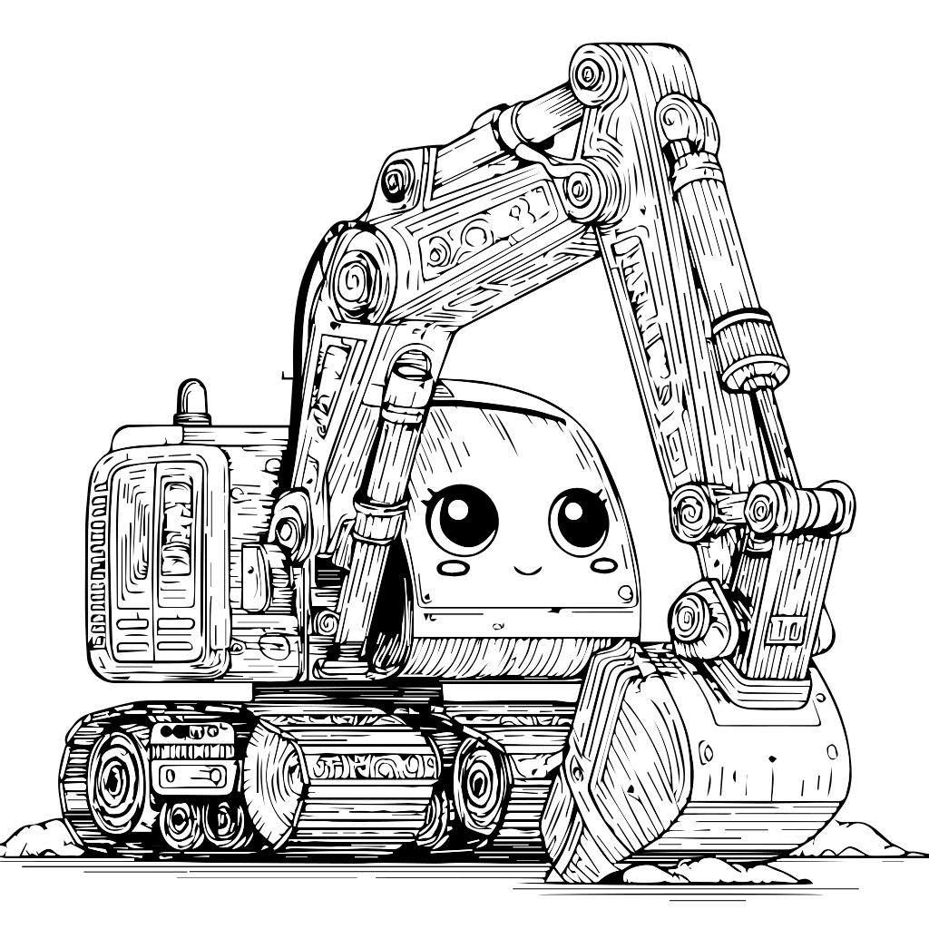 Ein fröhlicher Cartoon-Bagger mit einem lächelnden Gesicht, bereit zum Ausmalen. Er hat ein detailliertes Design mit Ketten und einem großen Baggerarm.