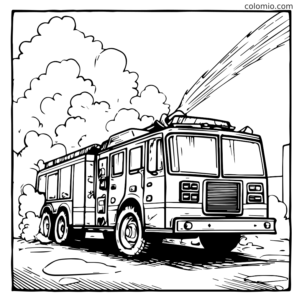 Druckbare Malvorlage Feuerwehr für Kinder Eine detaillierte Linienzeichnung eines Feuerwehrautos, das Wasser sprüht, umgeben von Rauch, perfekt zum Ausmalen.