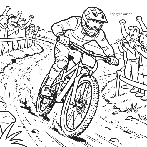 Ein Mountainbiker fährt mit Helm und Schutzkleidung eine kurvige Downhill-Strecke hinunter, während Zuschauer am Rand jubeln.