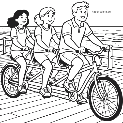 Schwarz-weiße Zeichnung von drei Personen auf einem Dreier-Tandem auf einer Strandpromenade mit Meer im Hintergrund.