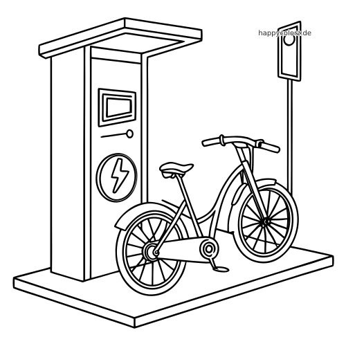 Ein einfaches E-Bike steht neben einer Ladestation unter einem kleinen Dach in klaren schwarzen Umrisslinien.
