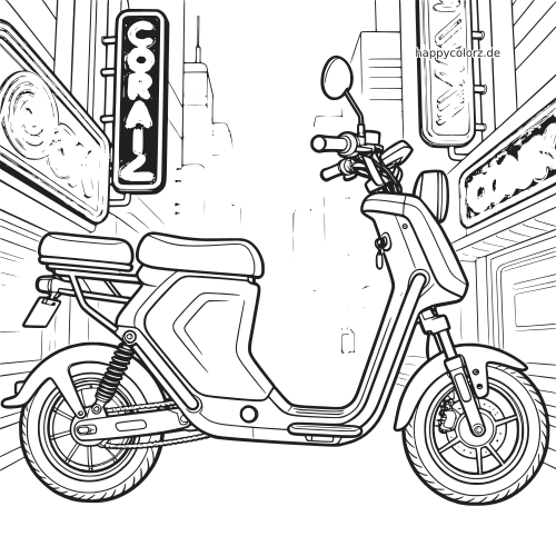 Schwarz-weiße Linienzeichnung eines E-Bikes in einer futuristischen Stadtstraße mit hohen Gebäuden und Leuchtschildern.