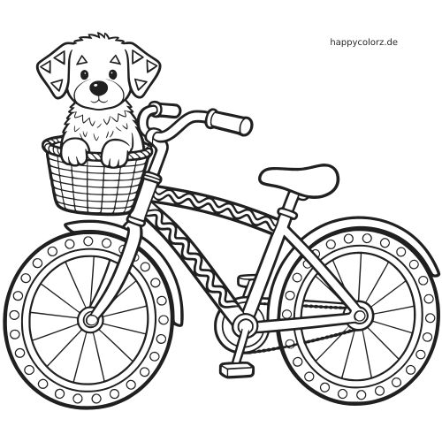Ein einfaches Schwarz-Weiß-Ausmalbild zeigt ein Fahrrad mit einem kleinen Hund, der im vorderen Fahrradkorb sitzt.