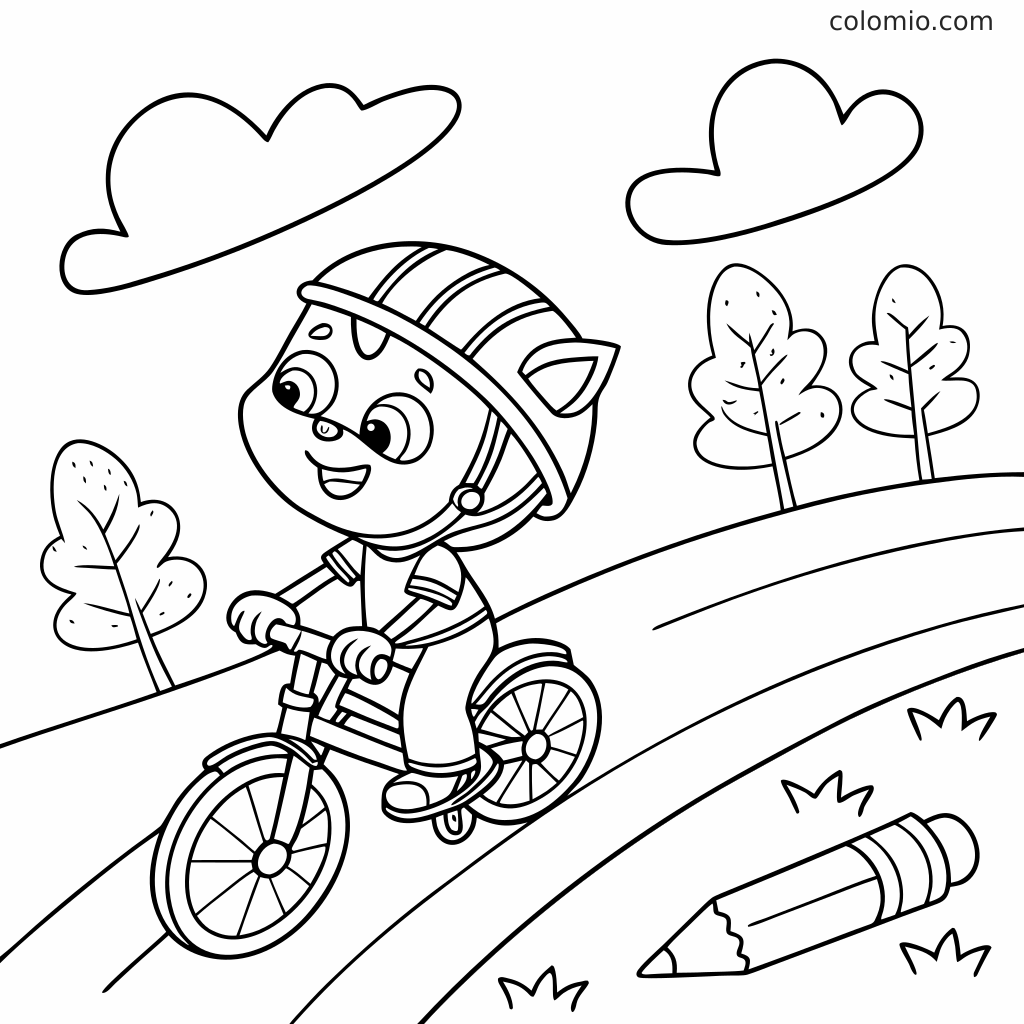Eine Cartoon-Katze mit Helm fährt auf einem geschwungenen Weg Fahrrad, mit Bäumen, Wolken und einem Bleistift in der Szene.