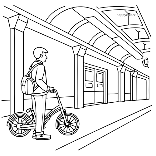 Eine Person mit Rucksack steht neben einem Klapprad in Seitenansicht unter dem überdachten Bahnsteig eines Bahnhofs.