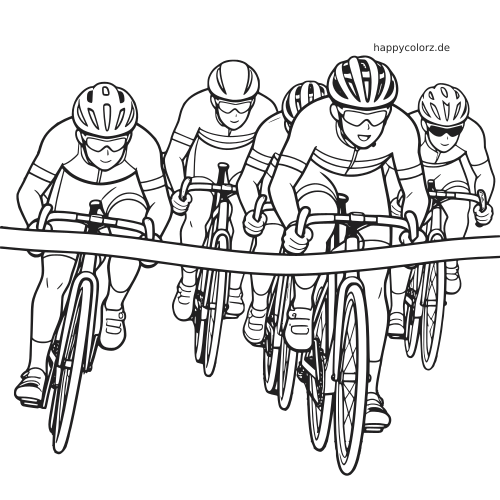 Mehrere Rennradfahrer mit Helmen und Sportbrillen sprinten in Frontalansicht auf ihren Fahrrädern zur Ziellinie.