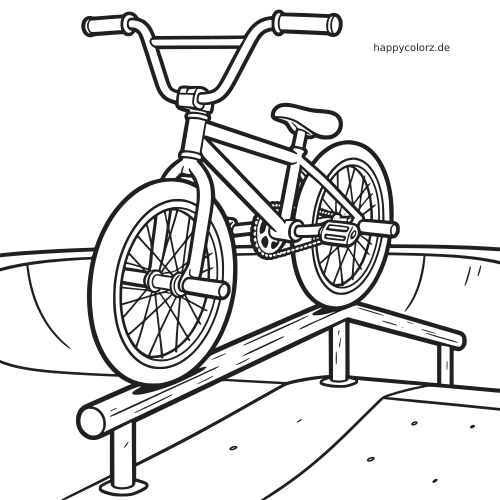 Nahaufnahme eines BMX-Rads, das im Skatepark auf einem Rail grindet, mit Pegs, dicken Reifen und einfachen Rampen im Hintergrund.