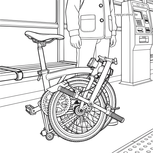 Ein zusammengeklapptes Faltrad steht neben einer Person auf dem Bahnsteig, nahe einem Fahrkartenautomaten und den Zugtüren.