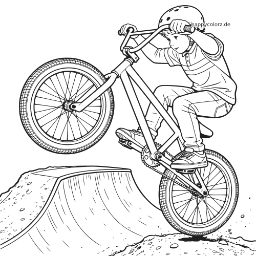 Detaillierte Linienzeichnung eines Kindes mit Helm auf einem BMX-Rad beim Sprung über eine Erdrampe mit sichtbaren Fahrradteilen.
