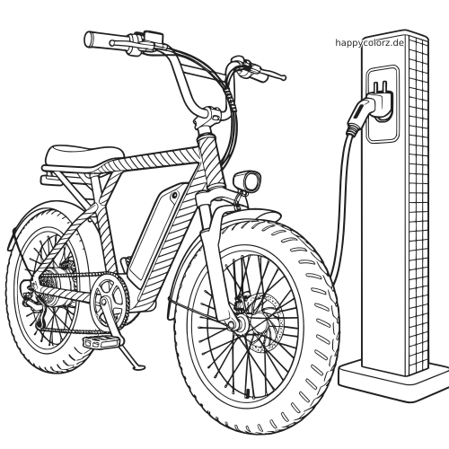 Ein detailliertes E-Bike mit breiten Reifen ist in einer klaren Schwarz-Weiß-Zeichnung an eine Ladestation angeschlossen.