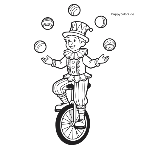 Ein Clown mit Rüschenkragen und Zipfelmütze fährt auf einem Einrad und jongliert frontal mit fünf Bällen.