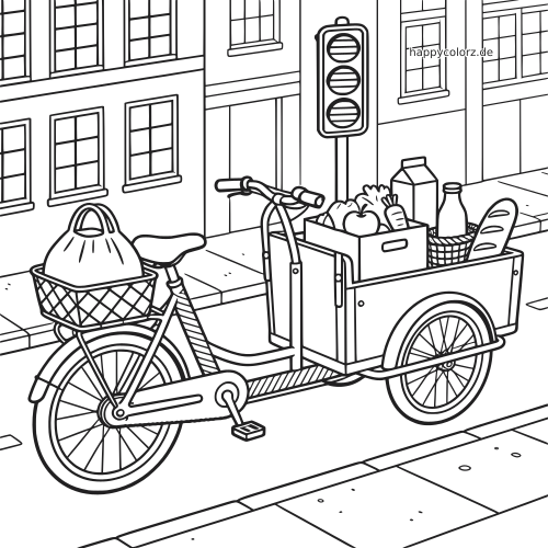 Ein detailreiches Lastenrad mit Lebensmitteln und Taschen auf einer Stadtstraße, mit Ampel, Gehweg und Häusern im Hintergrund.