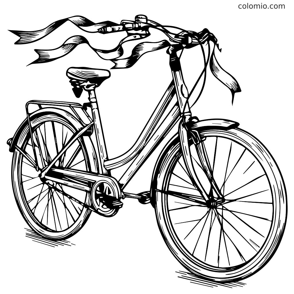 Eine detaillierte Linienzeichnung eines klassischen Fahrrads mit Bändern am Lenker, perfekt zum Ausmalen.