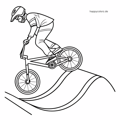 Eine einfache Umrisszeichnung zeigt einen BMX-Fahrer mit Helm, der mit seinem Fahrrad über eine geschwungene Erdrampe fährt.