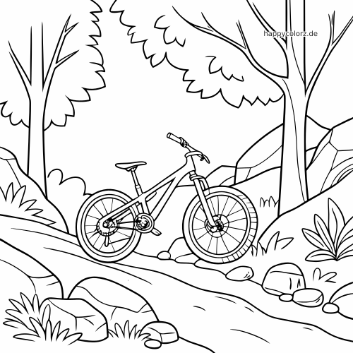 Ein Mountainbike steht auf einem Waldweg mit Steinen, Bäumen und Hügeln in einer klaren Linienzeichnung.
