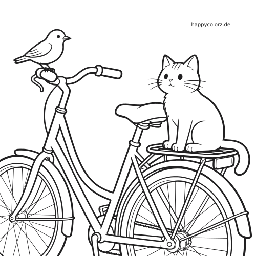 Ein Fahrrad als Linienzeichnung mit einer Katze auf dem Gepäckträger und einem Vogel auf dem Lenker.