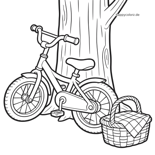 Schwarz-weißes Ausmalbild mit einem Kinderfahrrad, das an einem Baum lehnt, daneben steht ein Picknickkorb.