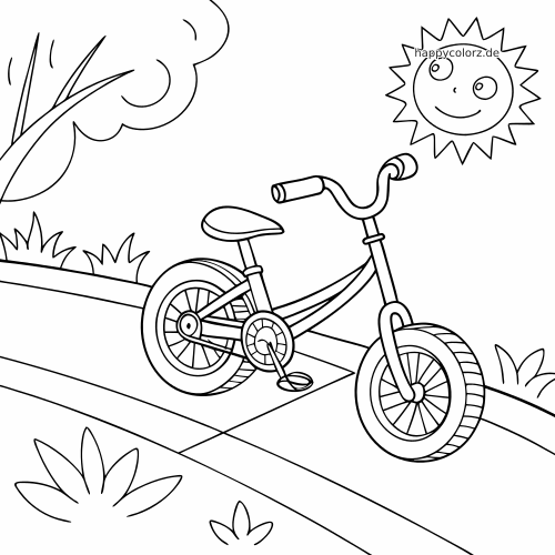 Ein einfaches Linienbild zeigt ein Kinderfahrrad auf einem sonnigen Weg mit Baum, Gras und lächelnder Sonne.