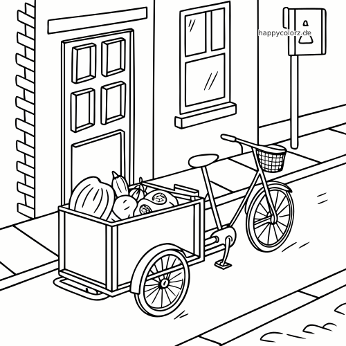 Ein einfaches Lastenrad mit großer Transportkiste voller Einkäufe steht an einer Straße vor einer Haustür und Fenstern.