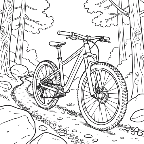Ein Mountainbike steht in Nahaufnahme auf einem steinigen Waldweg, umgeben von Bäumen, Felsen und kleinen Steinen.