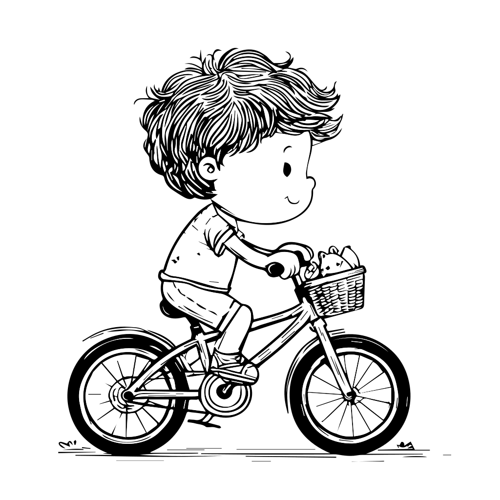 Ein junger Junge fährt fröhlich Fahrrad mit einem kleinen Haustier im Korb. Perfekt für Ausmalspaß.
