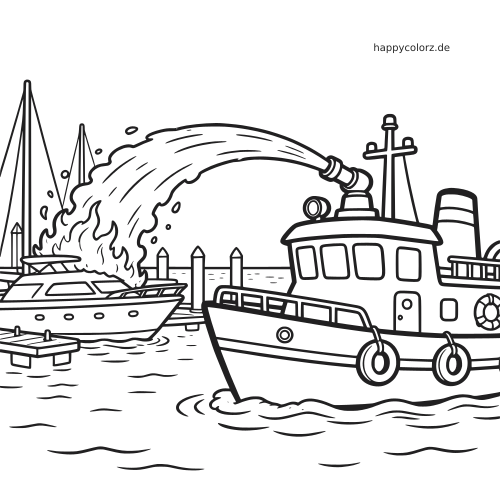 Schwarz-weiße Linienzeichnung eines Feuerlöschboots, das im Hafen Wasser auf eine brennende Yacht spritzt.