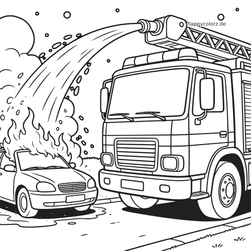 Nahaufnahme eines Feuerwehrautos mit Leiter, das auf einer Straße nachts Wasser auf ein brennendes Auto spritzt.