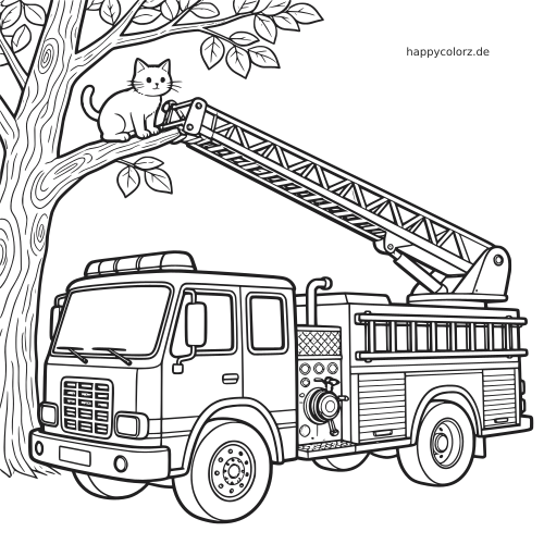 Ein Feuerwehrauto mit ausgefahrener Leiter reicht zu einer Katze, die auf einem Ast in einem Baum sitzt, als klare Schwarz-Weiß-Zeichnung.