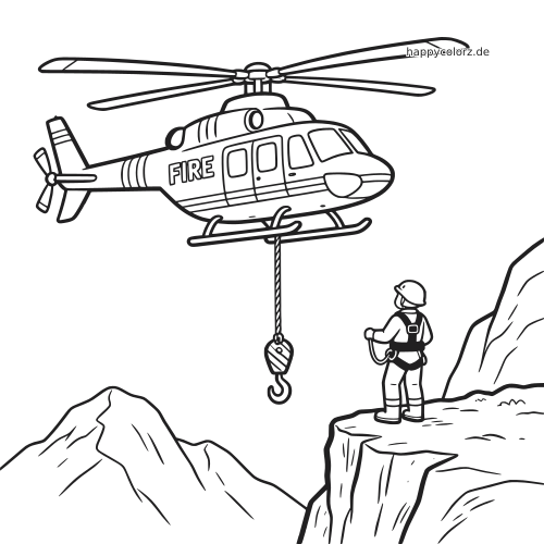 Ein Feuerwehrhubschrauber schwebt neben einem Felsvorsprung und senkt einen Haken zu einem Bergsteiger herab.
