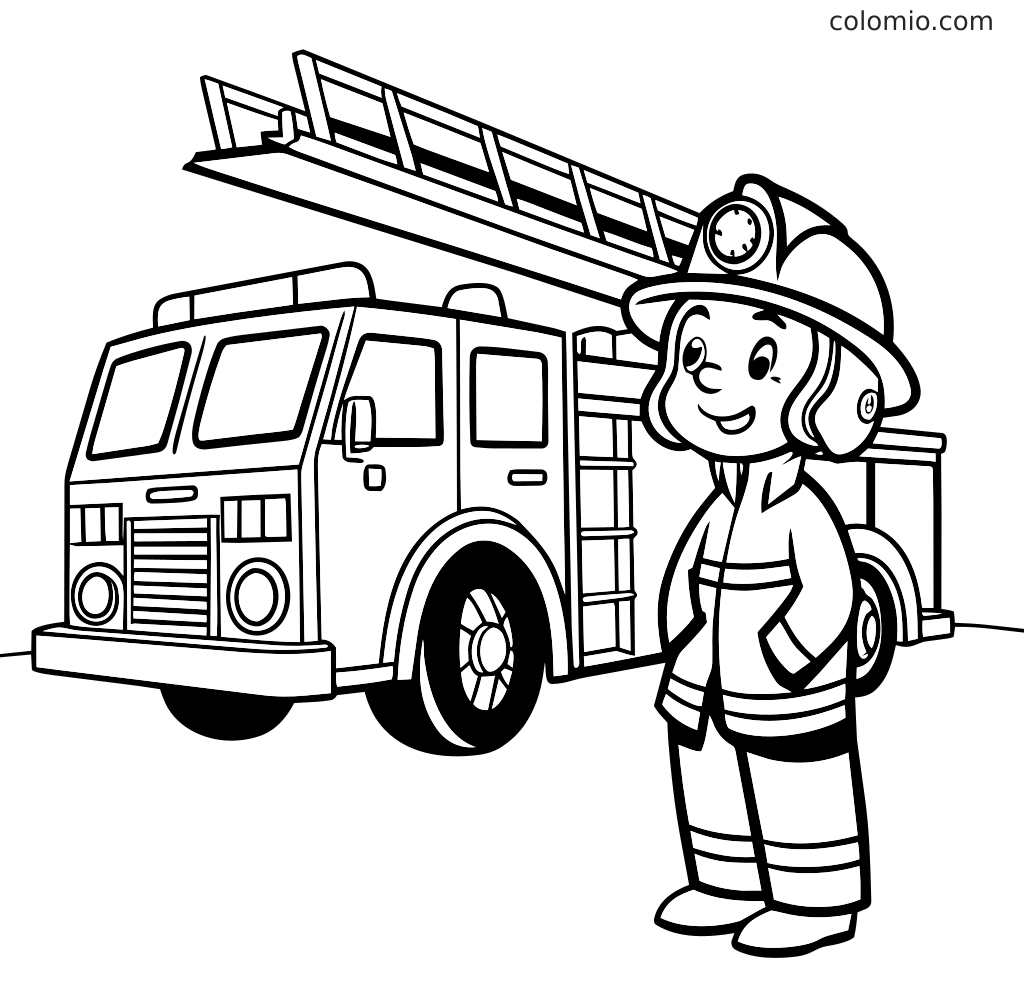 Ein Feuerwehrmann in Uniform steht neben einem Feuerwehrauto mit ausgefahrener Leiter auf dieser schwarz-weißen Ausmalseite.