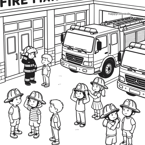 Schwarz-weiße Szene mit Kindern in einer Feuerwache, die Feuerwehrhelme anprobieren, neben geparkten Feuerwehrautos.