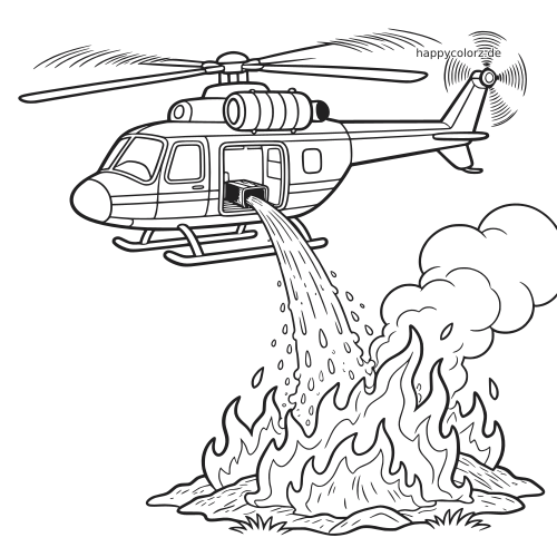 Ein detaillierter Feuerwehrhubschrauber fliegt über einem Brand und gießt Wasser auf hohe Flammen und Rauch.