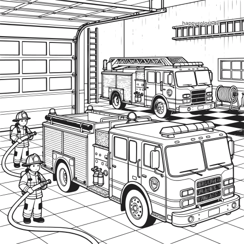 Innenraum einer Feuerwache mit zwei geparkten Feuerwehrfahrzeugen und zwei Feuerwehrleuten mit Schläuchen im Einsatz.