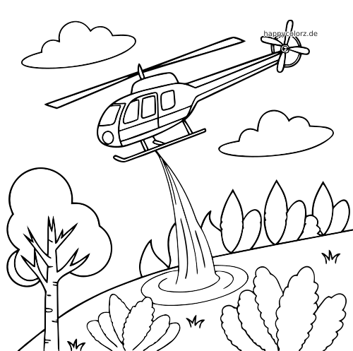 Ein Feuerwehrhubschrauber gießt Wasser auf einen kleinen Waldbrand, mit Wolken, Bäumen und Büschen als klare Linienzeichnung.