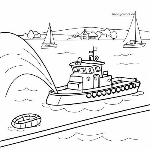 Ein Feuerlöschboot spritzt im Hafen einen großen Wasserstrahl. Im Hintergrund sind Segelboote, Häuser am Ufer und ein Rettungsring zu sehen.