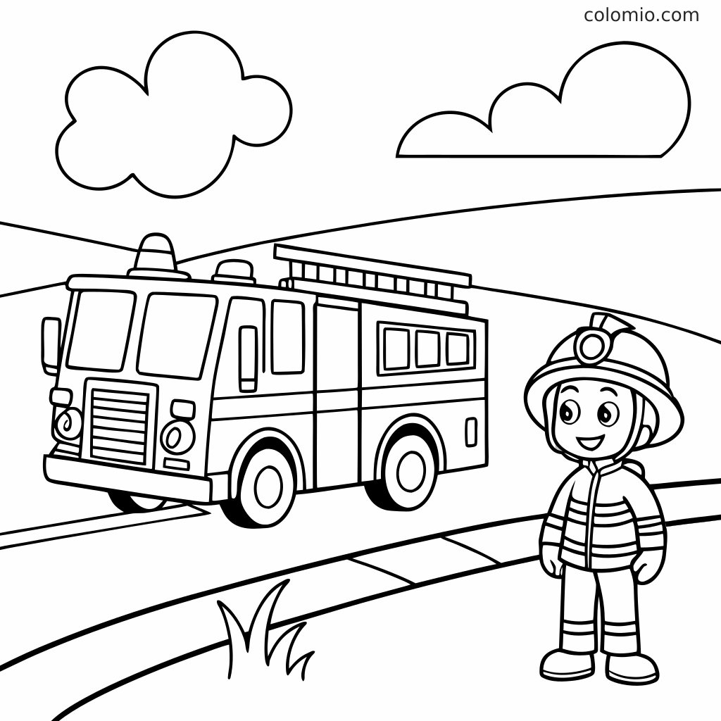 Ein Feuerwehrauto steht auf einer Straße neben einem Feuerwehrmann mit Helm und Jacke, mit Wolken und Hügeln im Hintergrund.
