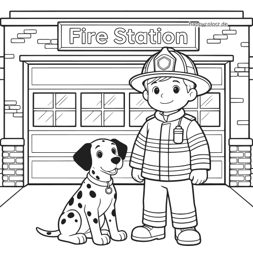Ein junger Feuerwehrmann steht mit einem Dalmatiner vor einer Feuerwache in einer einfachen Cartoon-Strichzeichnung.
