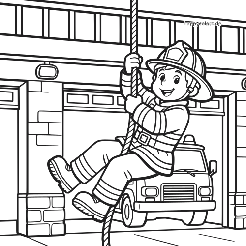 Ein Feuerwehrmann rutscht in der Feuerwache an einer Stange nach unten, dahinter steht ein Feuerwehrauto in der Garage.