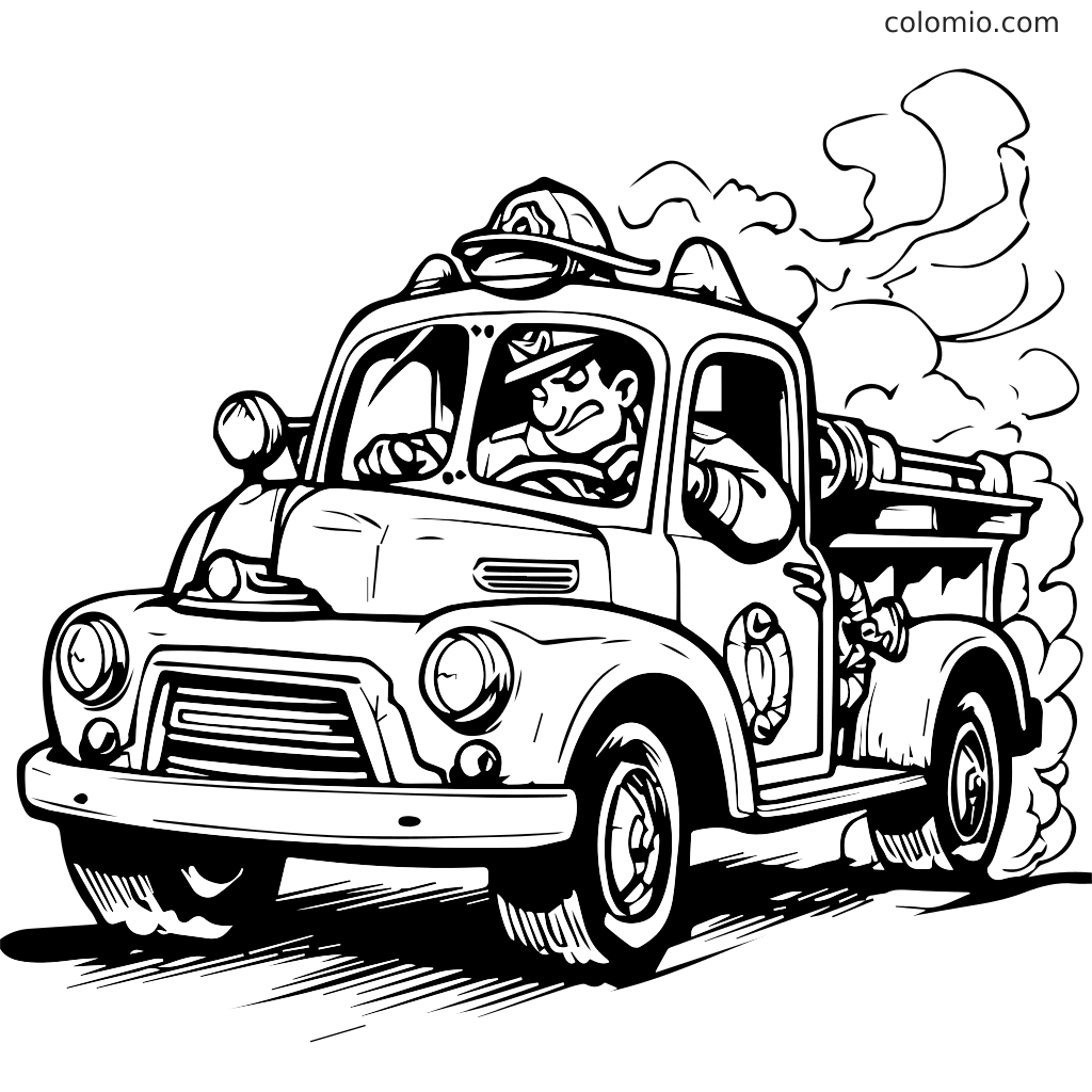 Spannende Feuerwehrwagen Ausmalbild für Kinder Ein Feuerwehrwagen mit einem Feuerwehrmann am Steuer, umgeben von Rauch, bereit für den Einsatz.