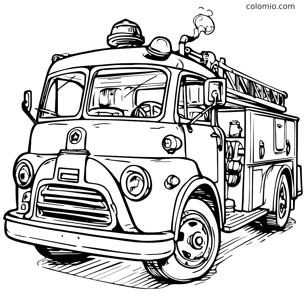 Eine schwarz-weiße Umrisszeichnung eines klassischen Feuerwehrwagens, bereit zum Ausmalen.